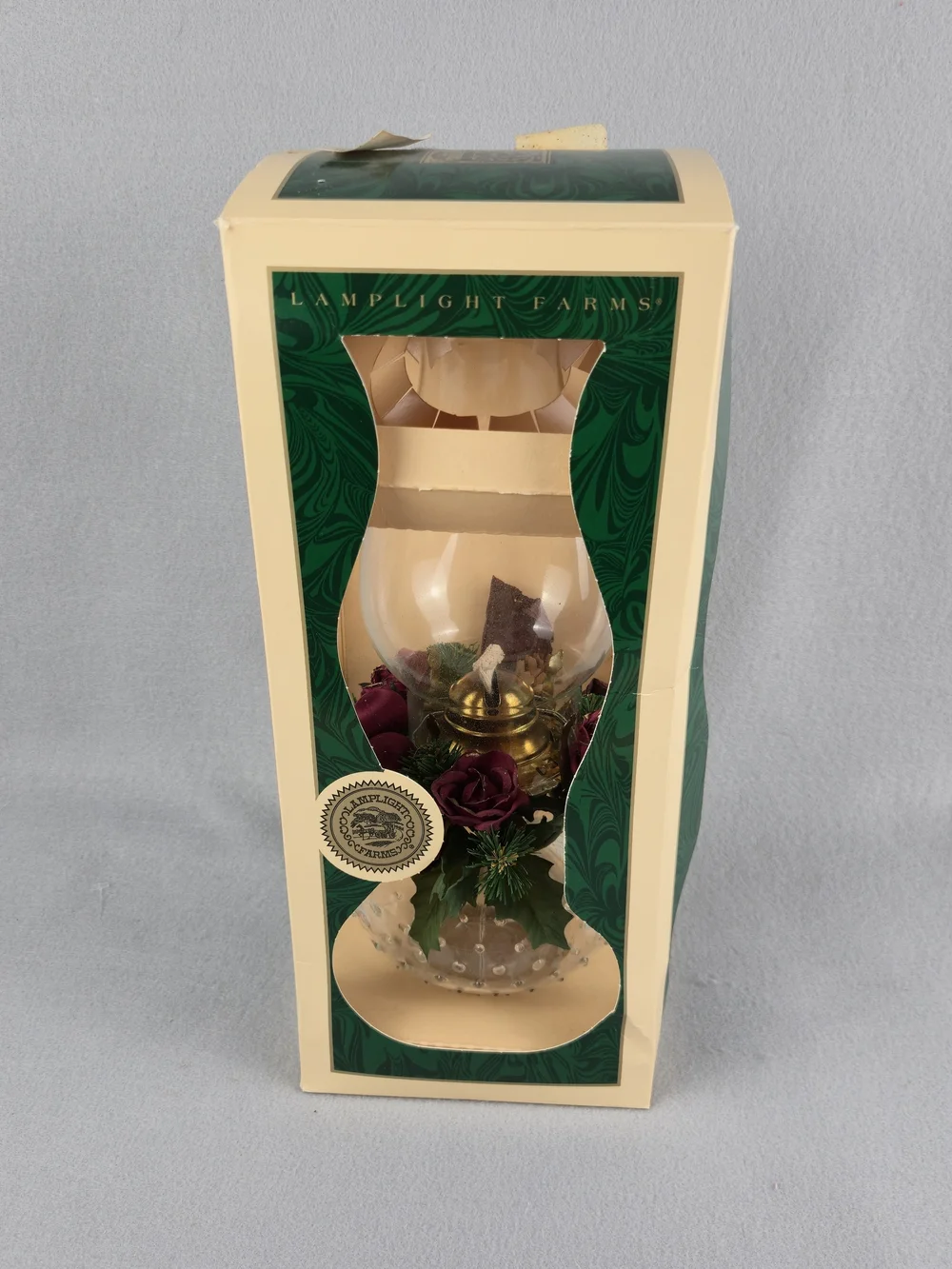 Vintage Lamplight Farms Glass Oil Lamp Hobnail Base Floral Ring NIB